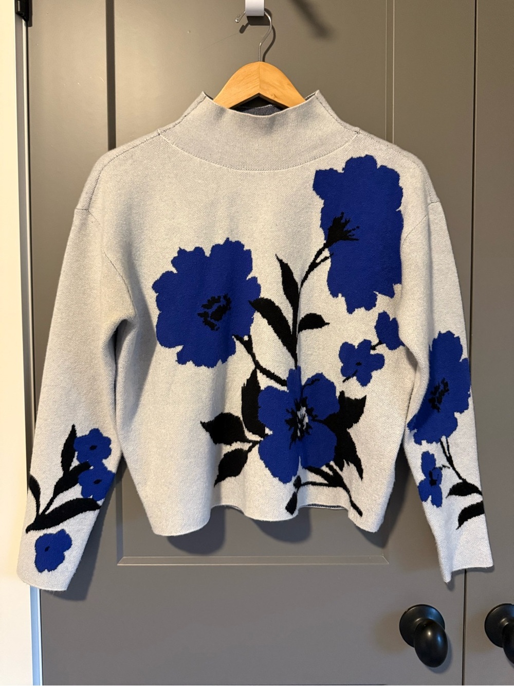 Anthropologie Maeve The Carys Cobalt Floral Mock Neck Boxy Sweater XS